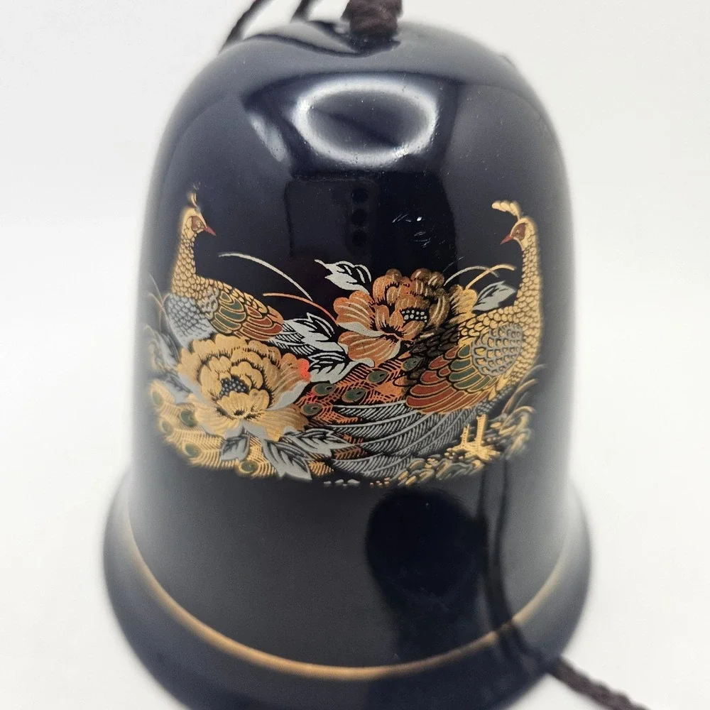 Vintage Cobalt Blue Ceramic Hanging Bell Peacock Floral Wind Chime